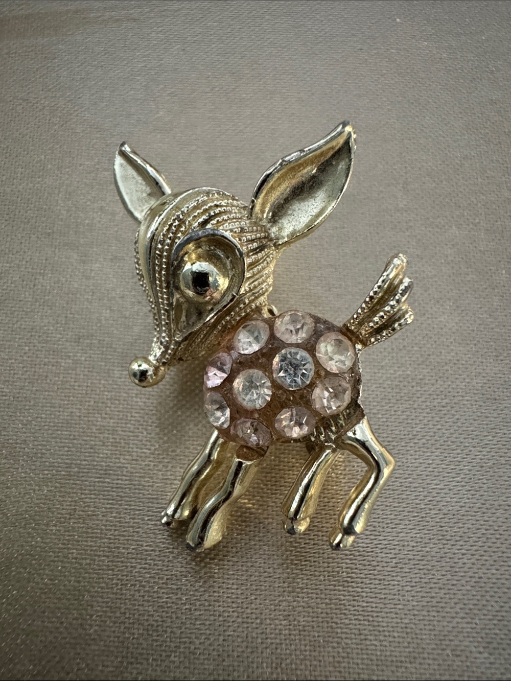 Vintage Gold-Tone Crystal Fawn Deer Bambi Brooch